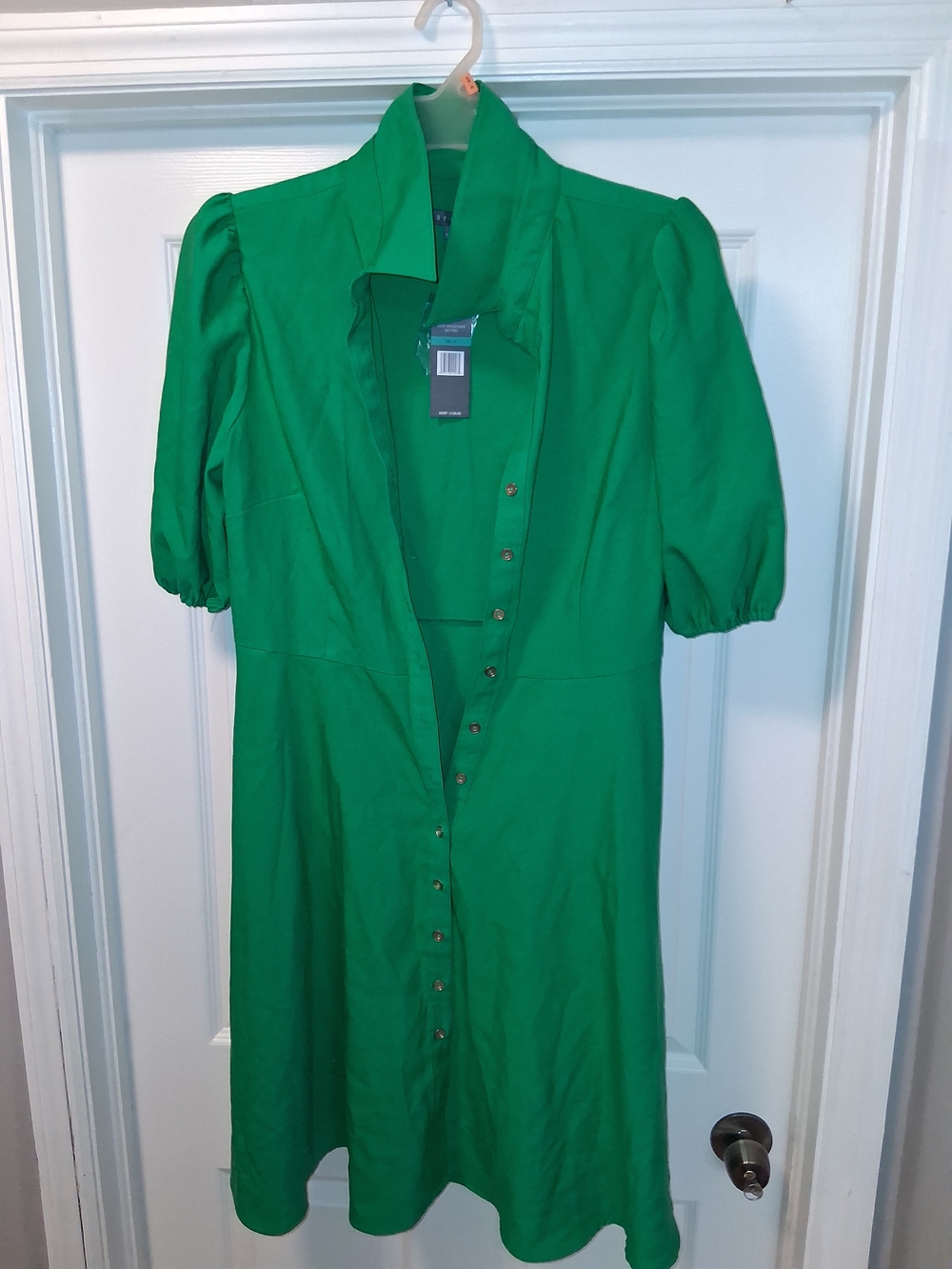 Sharagano Emerald Green Puff-Sleeve Button Dress
